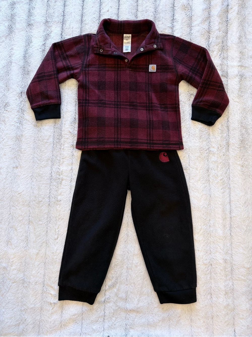 Carhartt Burgundy Plaid Snap Pullover with Black Fleece Pants